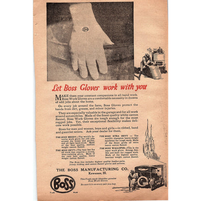 Boss Work Gloves The Boss Mfg Co Kewanee IL 1920 Ad V1-3