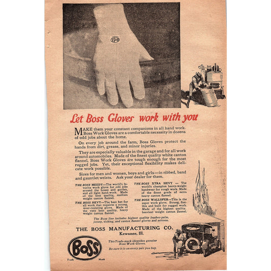 Boss Work Gloves The Boss Mfg Co Kewanee IL 1920 Ad V1-3
