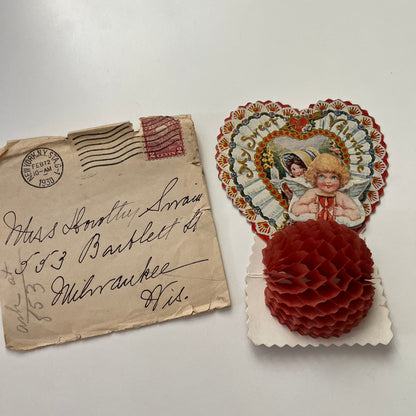 1930 Beistle Valentine Pop Up Honeycomb Embossed Cupid Hourglass AI9-H6