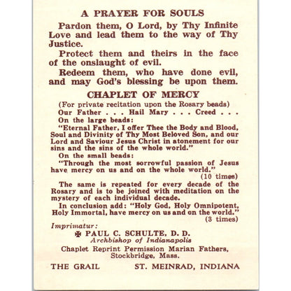 Prayer for the Souls Paul C, Schulte St Meinrad IN Vintage Prayer Card TH2-PC1