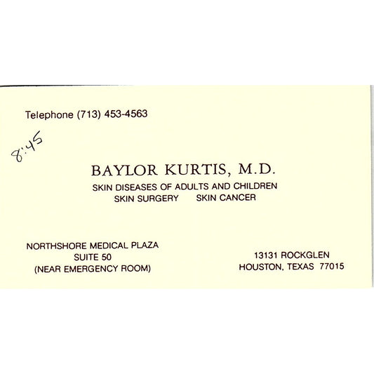 Skin Cancer and Surgery Baylor Kurtis Houston Texas Business Card SF3-B9