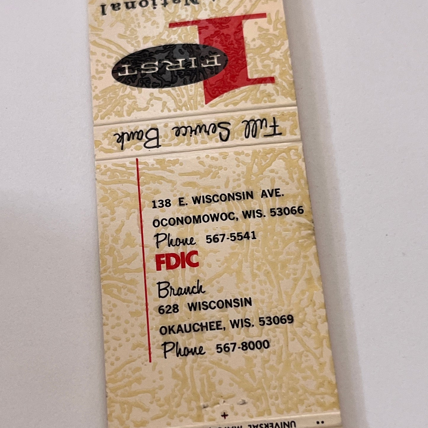 1st National Bank of Oconomowoc Okauchee WI Vintage Matchbook Cover TB6-MB1-15