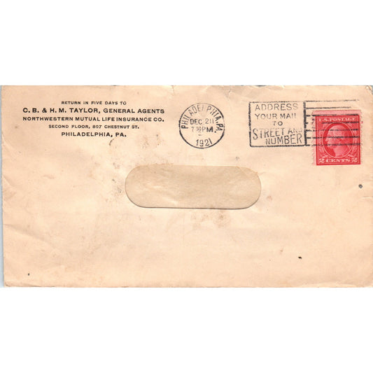 1921 C.B. & H.M. Taylor Mutual Life Philadelphia Postal Cover Envelope TG7-PC1