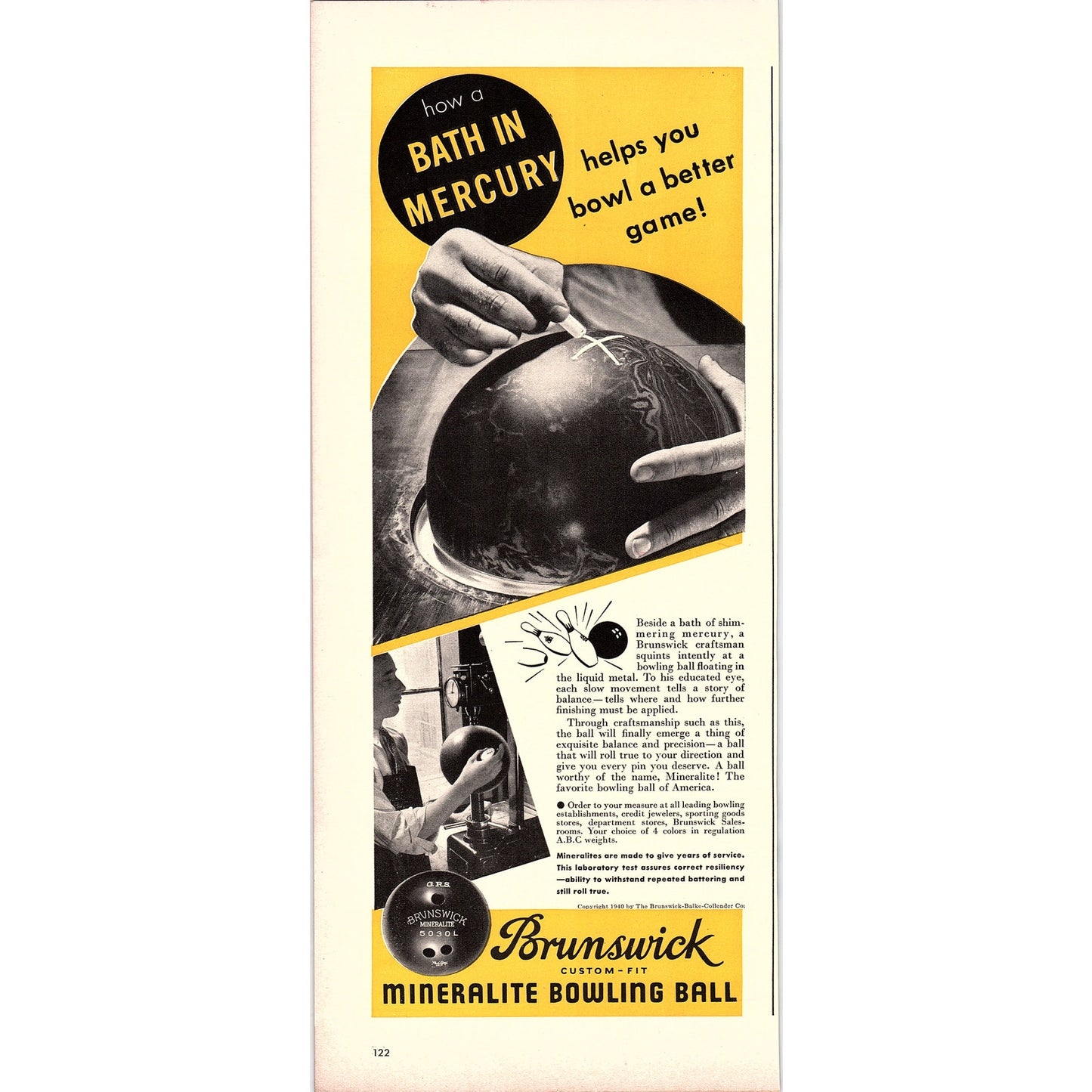 Brunswick Custom-Fit Mineralite Bowling Ball 1940 Ad V14-8