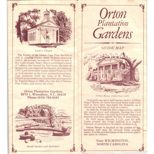 Vtg Orton Plantation Gardens Wilmington North Carolina Guide Map Brochure TF4-B3