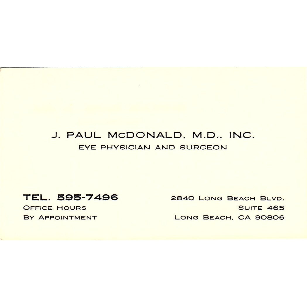 Eye Physician & Surgeon J. Paul McDonald Long Beach CA Business Card SB4-B3