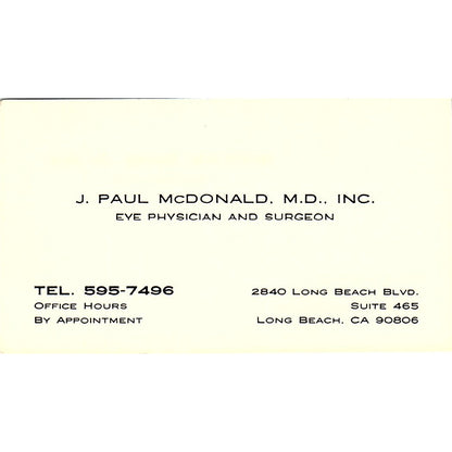 Eye Physician & Surgeon J. Paul McDonald Long Beach CA Business Card SB4-B3