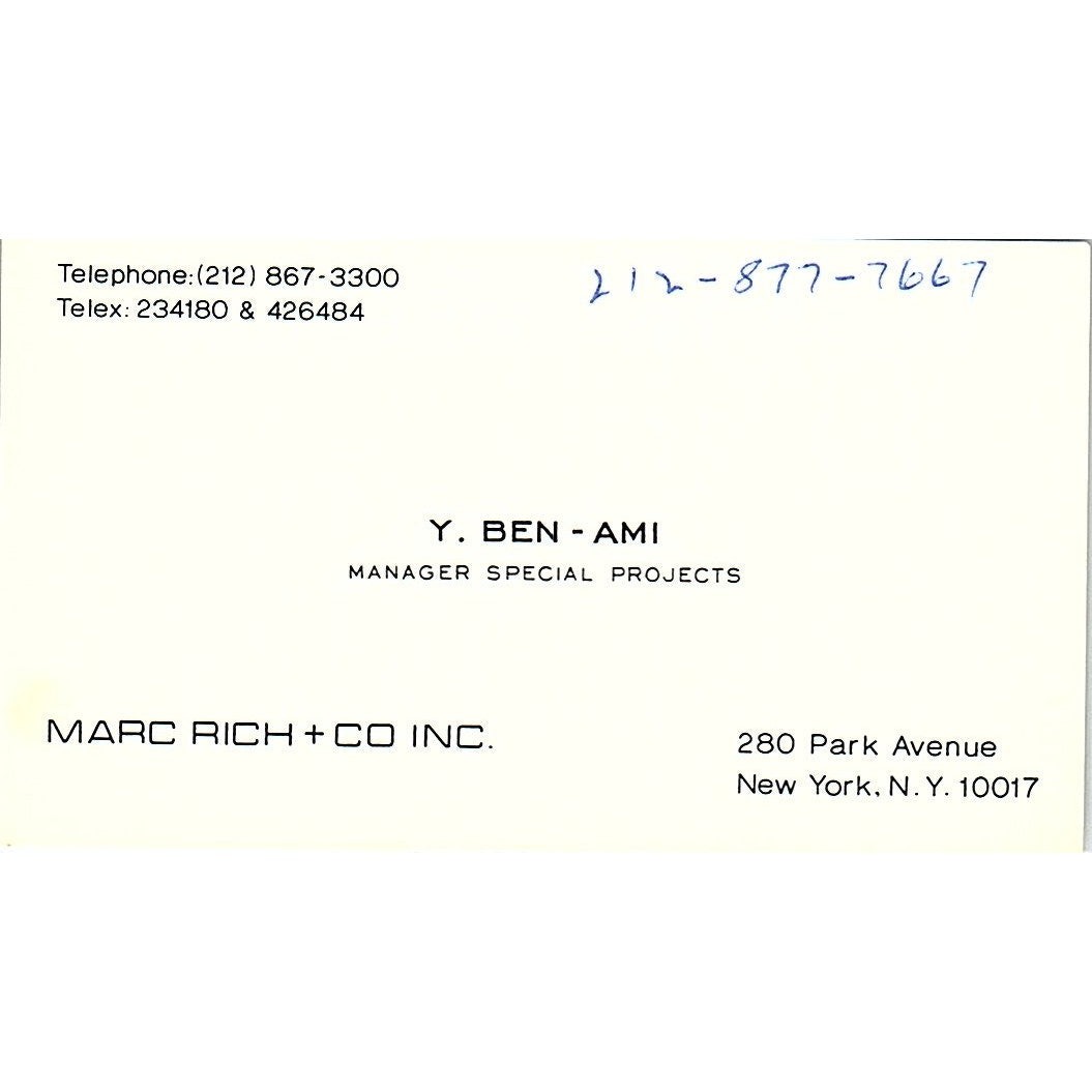 Marc Rich Co Inc Y Ben Ami New York Vintage Business Card SB4-B9