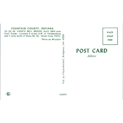 Fountain County Indiana Coal Creek Cade's Mill Covered Bridge Postcard PC6