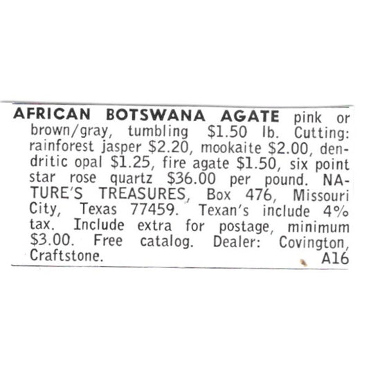 Nature's Treasures Botswana Agate Missouri City Texas 1972 Ad AF8-S10