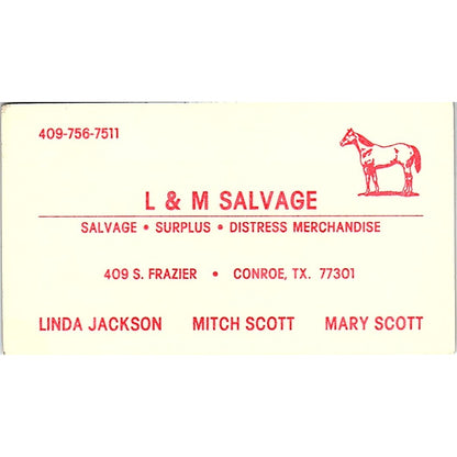 L&M Salvage Linda Jackson, Mitch & Mary Scott Conroe TX Vtg Business Card SE5-B3