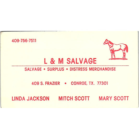 L&M Salvage Linda Jackson, Mitch & Mary Scott Conroe TX Vtg Business Card SE5-B3