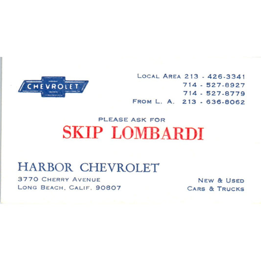 Skip Lombardi Harbor Chevrolet Long Beach CA Vintage Business Card SE3-B7