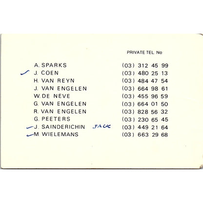 Sparks & Co NV Marine &Cargo Surveyors Merksem-Antw Belgium Business Card TH2-B1