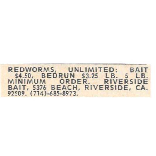 Riverside Bait Redworms Riverside CA 1977 Ad AF6-S8