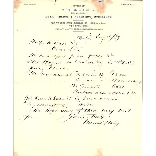 1889 Thomas Merrick & C. Merton Haley Letterhead Middletown CT MA AF4-1