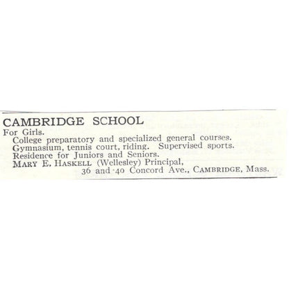 Cambridge School for Girls Mary E. Haskell MA c1918 Advertisement AE5-SA8