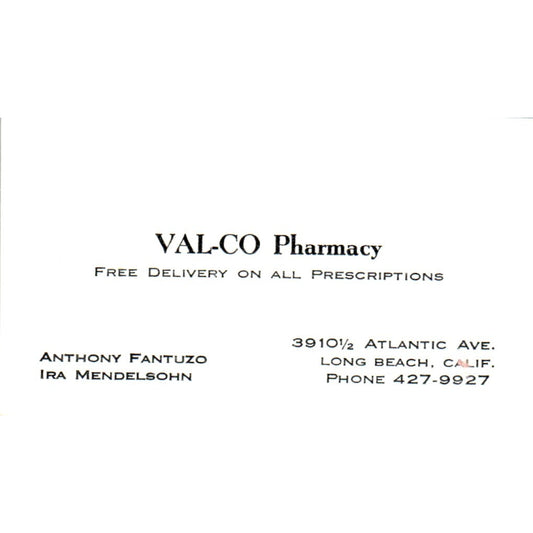 Val-Co Pharmacy Anthony Fantuzo Ira Mendelsohn Long Beach Business Card SD8-B16