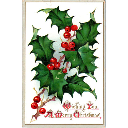 1910 Raphael Tuck Merry Christmas Holly Embossed Original Postcard PC10