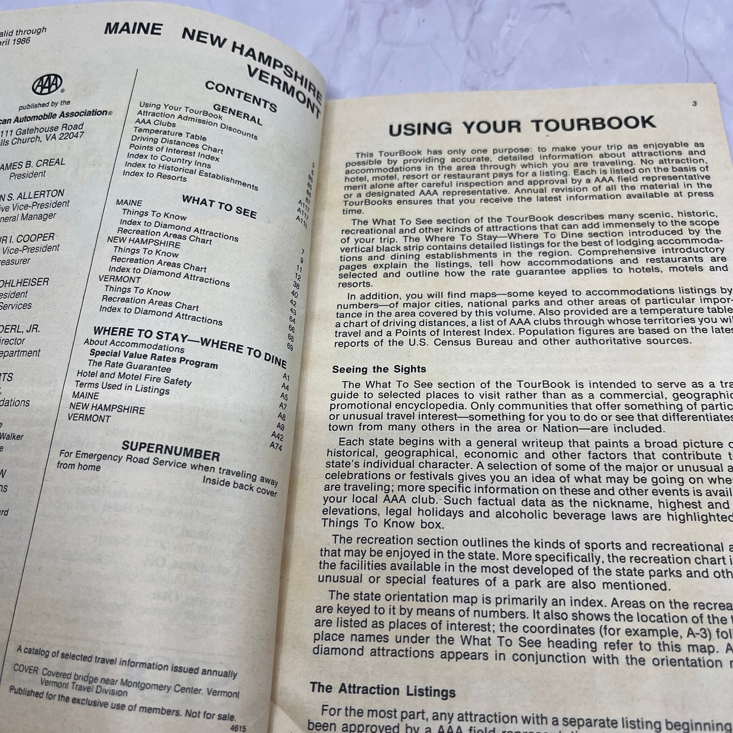 1985 AAA Maine, New Hampshire, Vermont TourBook Travel Guide Book TH2-BO1