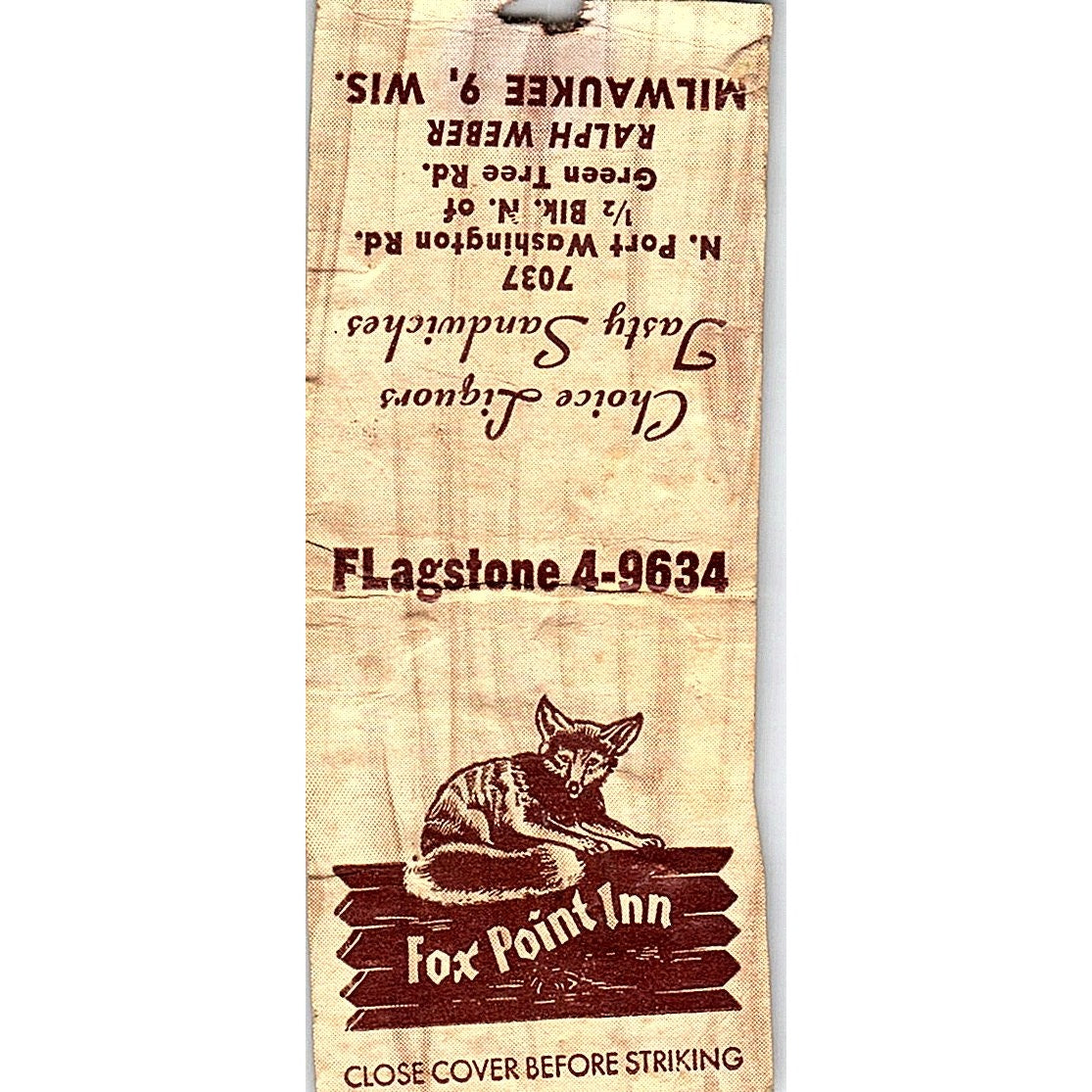 Fox Point Inn Ralph Weber Milwaukee WI Vintage Matchbook Cover SC7-Y4