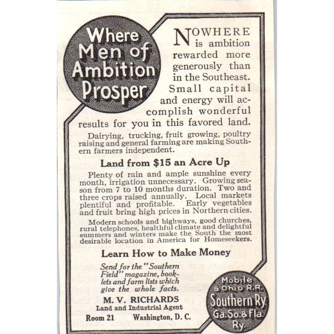 M.V. Richards Land Agent Washington DC 1913 Magazine Advertisement AE7-N7