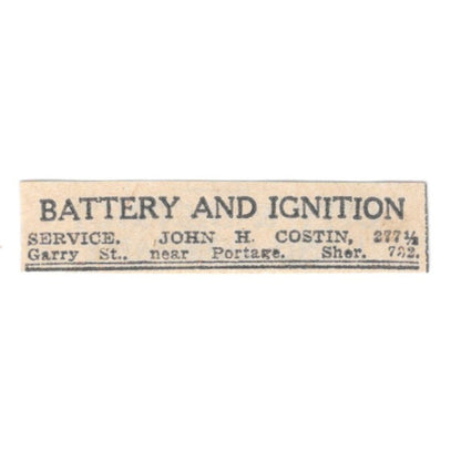 Battery & Ignition Service John H. Costin Garry St Portage Winnipeg 1920 AG2-S3