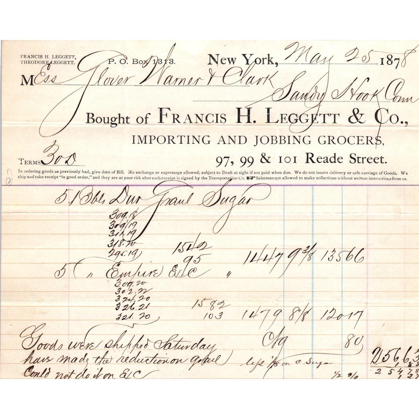 1878 Francis H. Leggett & Co Grocers New York Receipt Letterhead D23