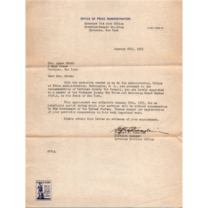 1943 WWII Office of Price Administration Appointment Letter Agnes Brush J15