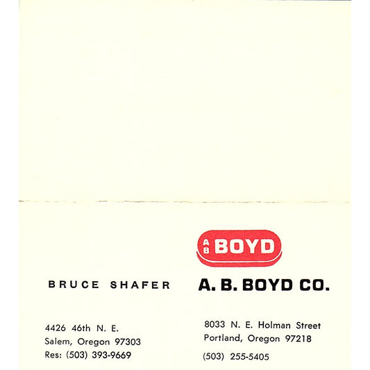 A.B. Boyd Co Bruce Shafer Salem  Portland Oregon  Vintage Business Card SB4-B8