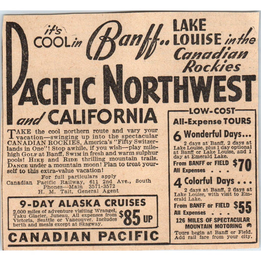 Canadian Pacific Railway Banff 1935 Minneapolis Journal Advertisement AE7-N2