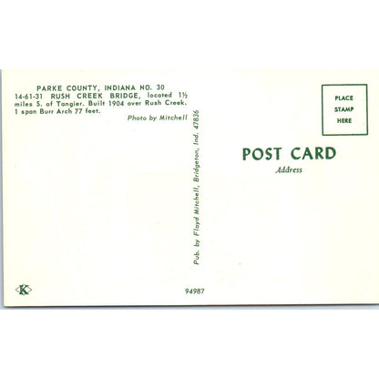 Rush Creek Bridge Parke County Indiana #30 Covered Bridge Postcard PB10