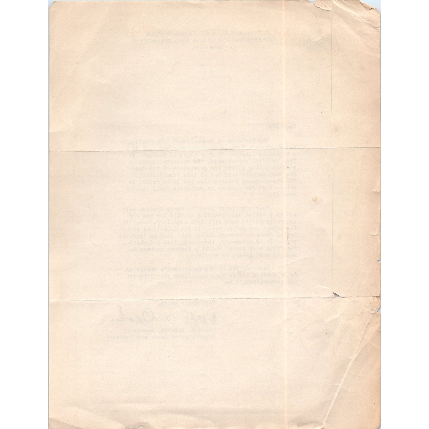 1930s Pennsylvania Department and Labor Harrisburg Letterhead Memo D21