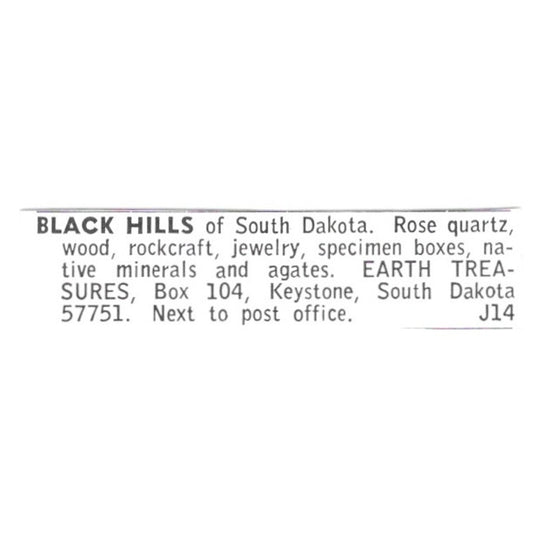 Earth Treasures Lapidary Supply Black Hills Keystone SD 1972 Ad AF8-S23