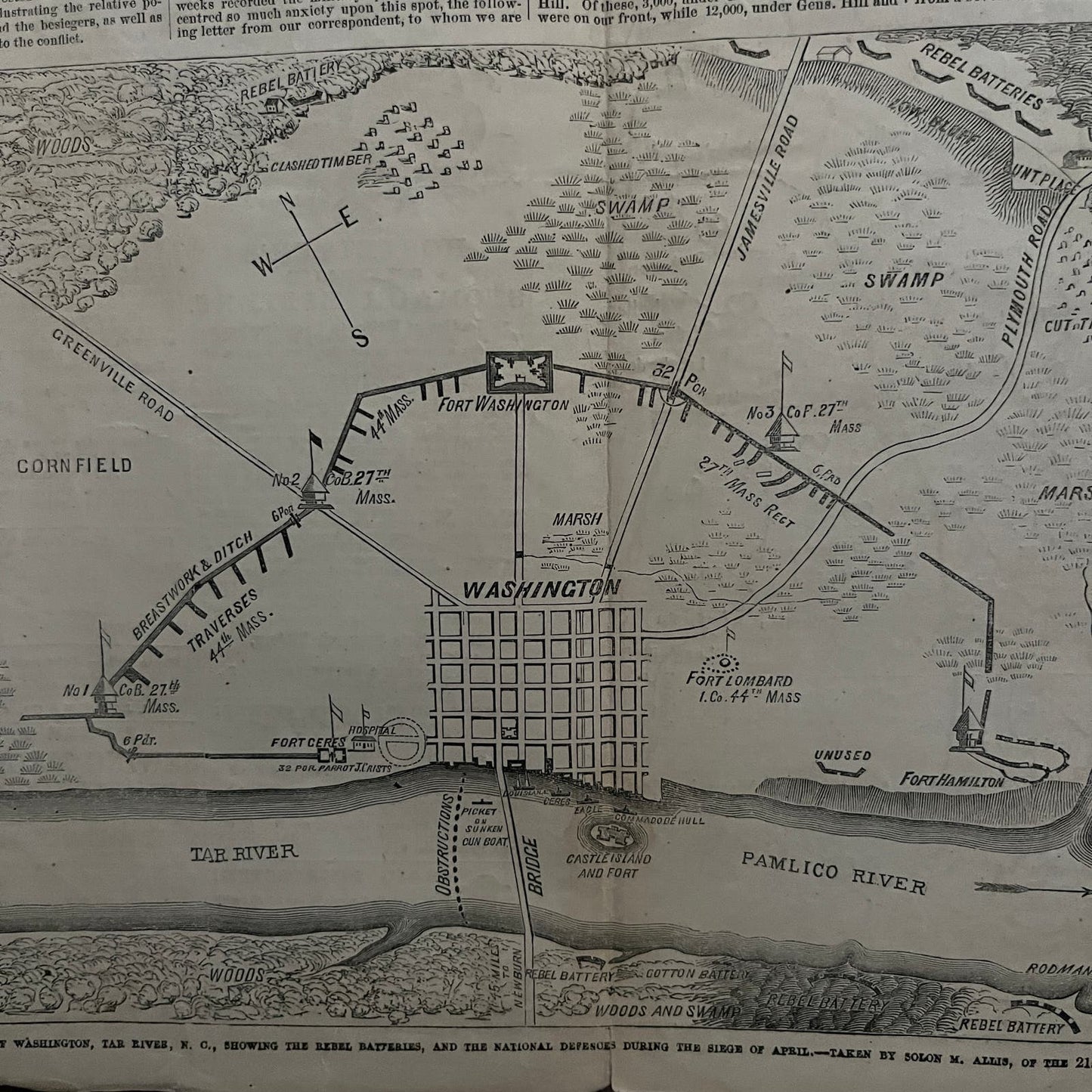 Siege of Washington Map of Tar River Original 1863 Civil War Engraving C32