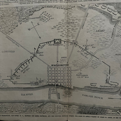 Siege of Washington Map of Tar River Original 1863 Civil War Engraving C32