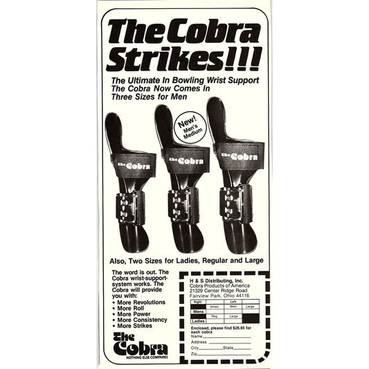 The Cobra - Bowling Wrist Support H&S Fairview Park OH 5x10" 1983 Ad AF6-17
