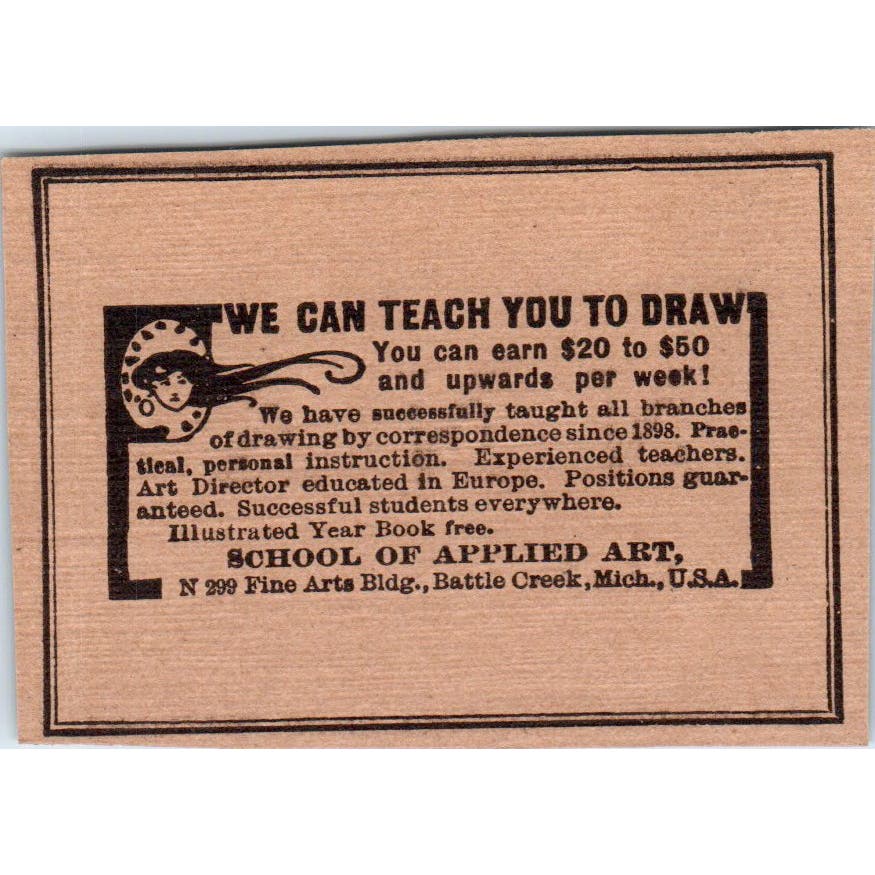 Learn To Draw School of Applied Art Battle Creek MI c1905 Victorian Ad AE9-MA10