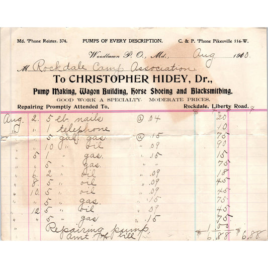 1910 Christopher Hidey Dr. Blacksmith Wagons Billhead Woodlawn MD AE5-H4