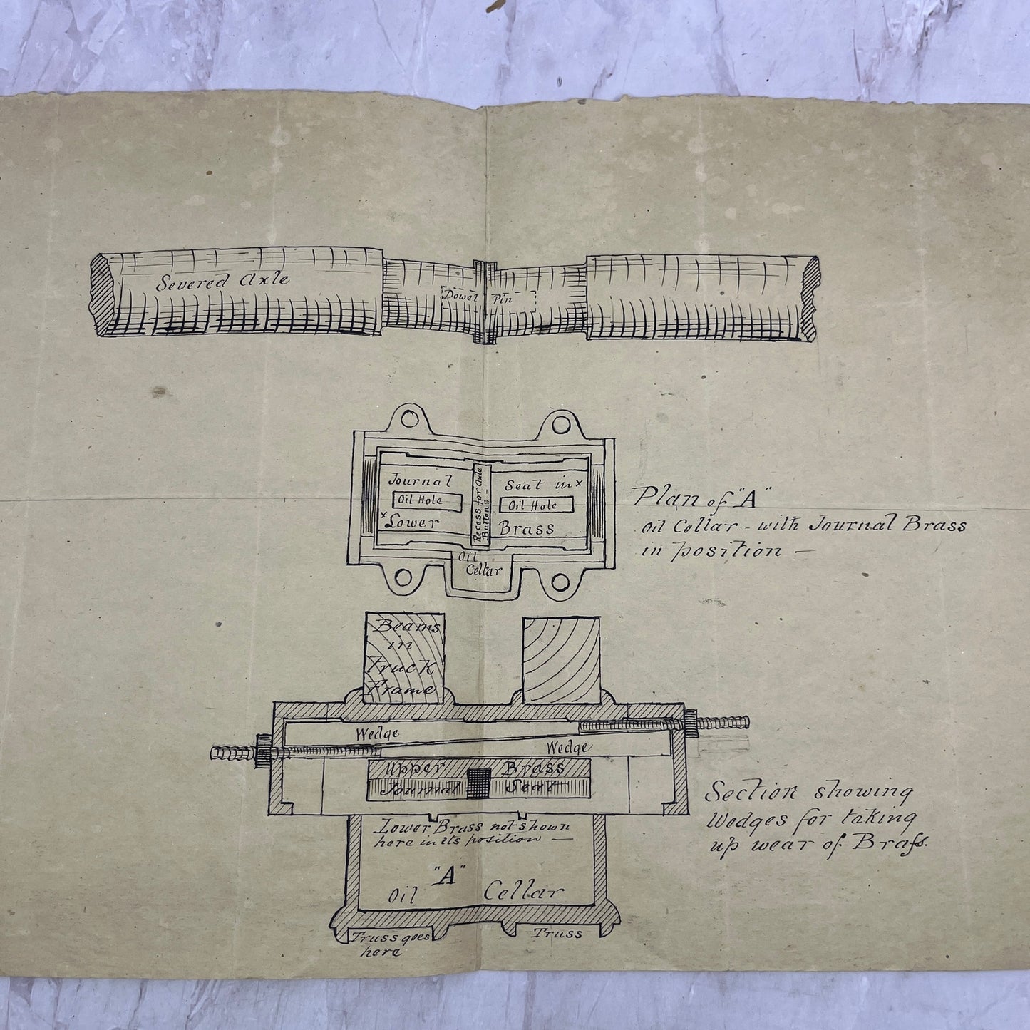 1860-70s Original Hand Drawn Mechanical Blueprint Schematic Diagram FL6-11