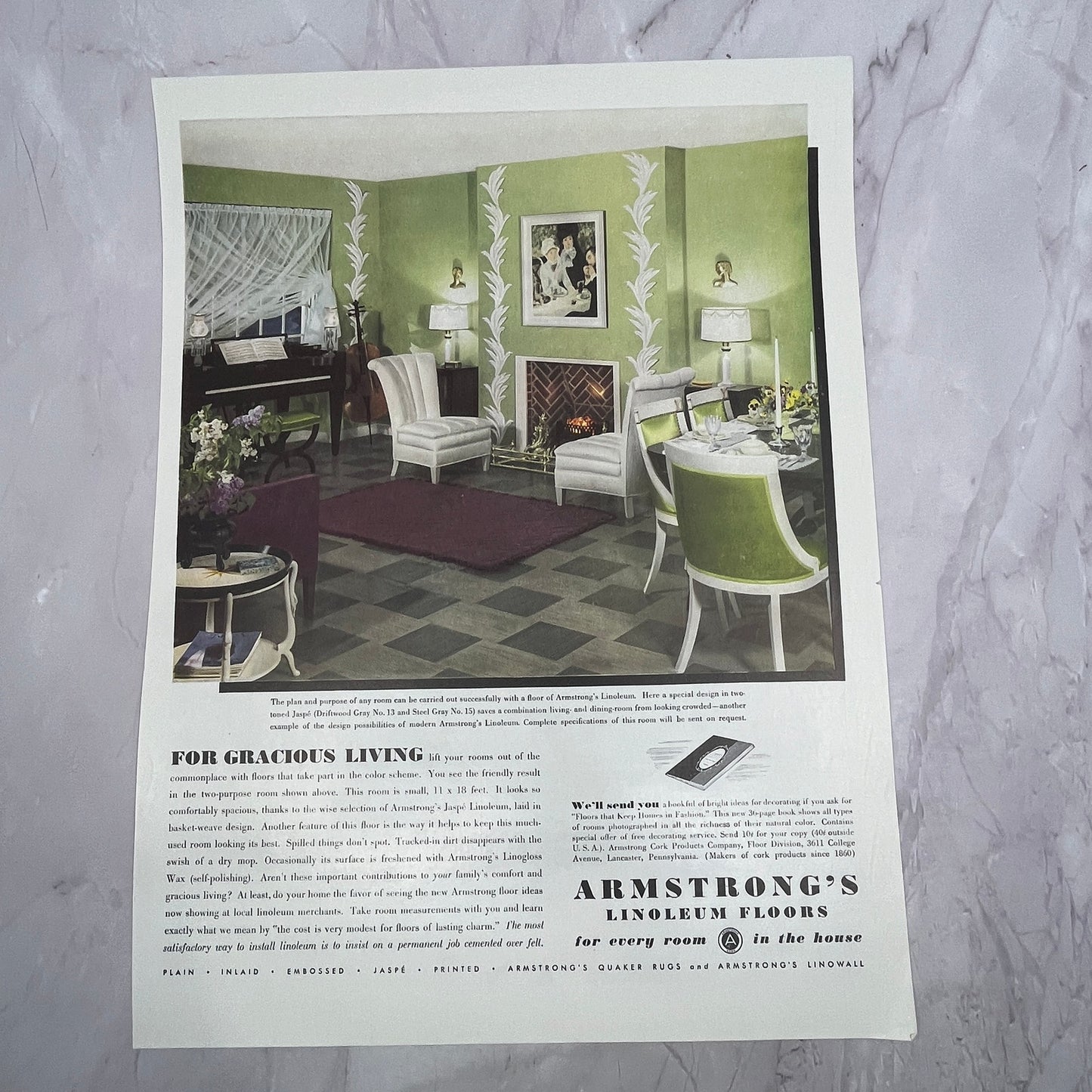 Armstrong Linoleum Floors Lancaster PA Vintage Ad 10x13 V17