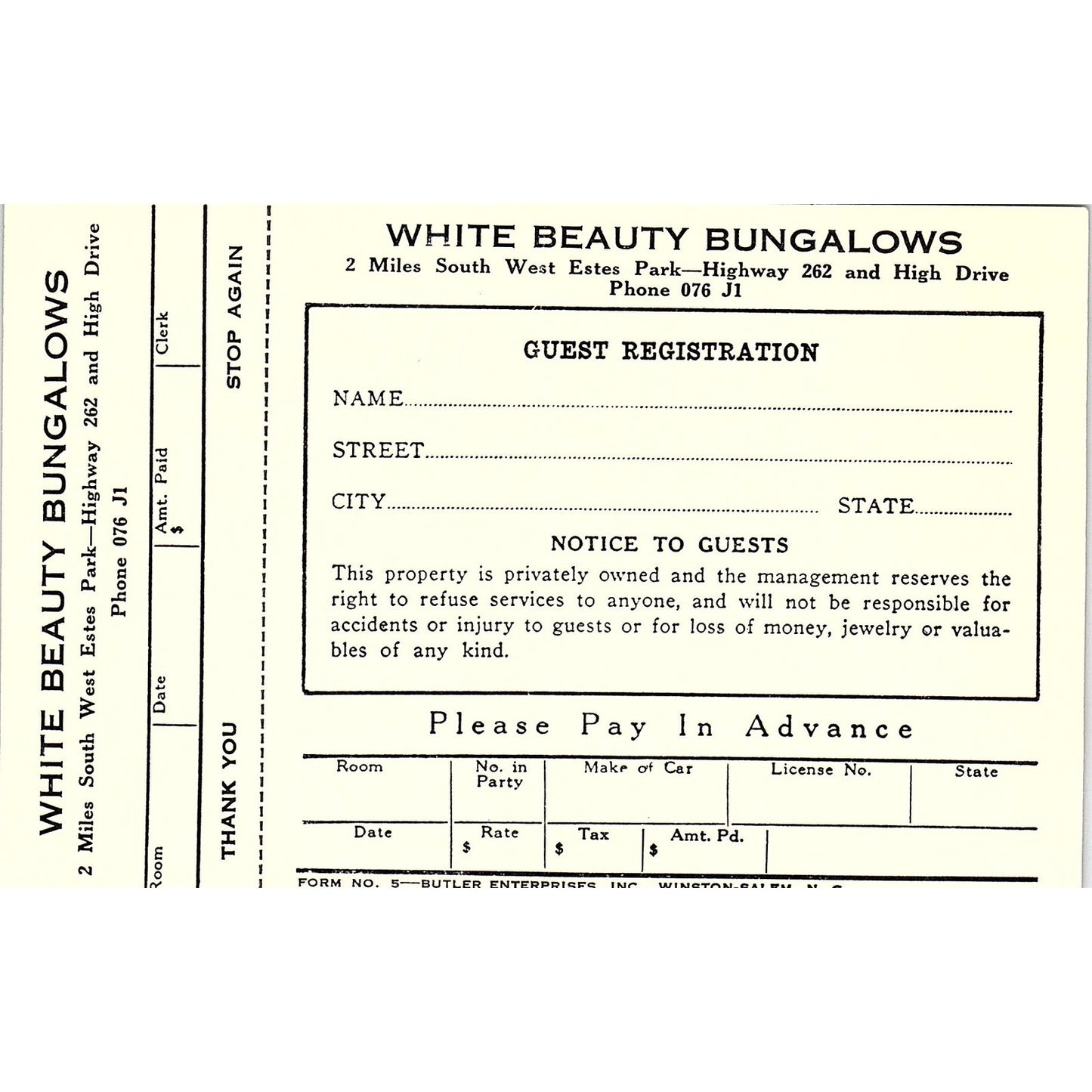 1950s White Beauty Bungalows Guest Registration Blank Card Estes Park CO AF9-H2