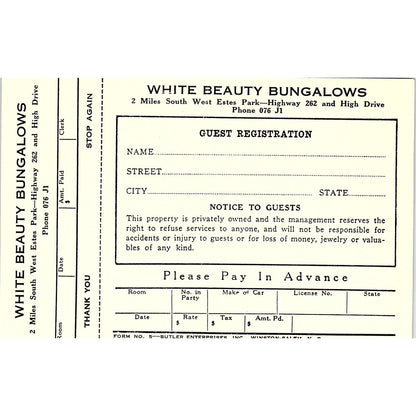 1950s White Beauty Bungalows Guest Registration Blank Card Estes Park CO AF9-H2