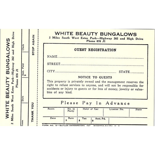 1950s White Beauty Bungalows Guest Registration Blank Card Estes Park CO AF9-H2
