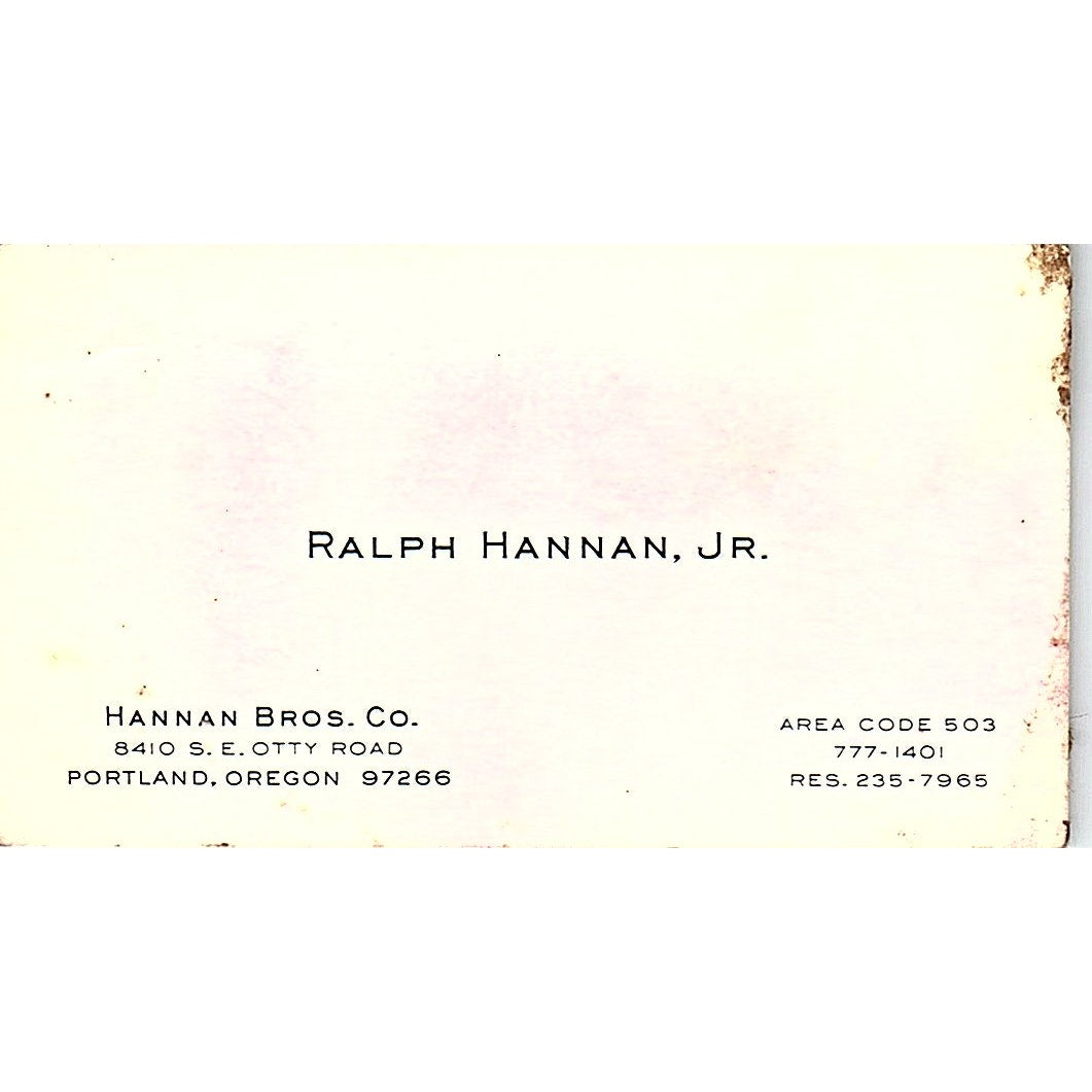 Hannan Bros. Co Ralph Hannan Jr Portland Oregon Vintage Business Card SB4-B9