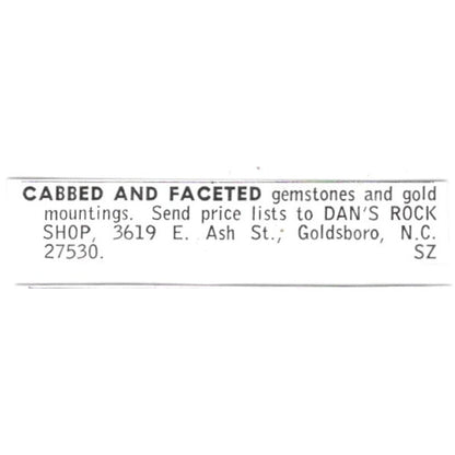 Dan's Rock Shop Gemstones Goldsboro North Carolina 1972 Ad AF8-S8