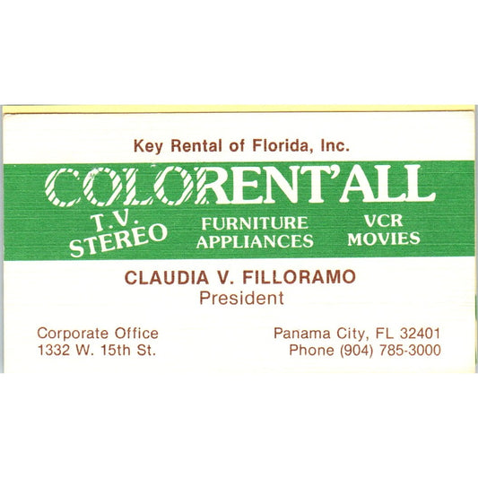 Claudia V. Filloramo Colorent All Panama City FL Vintage Business Card SD8-B4