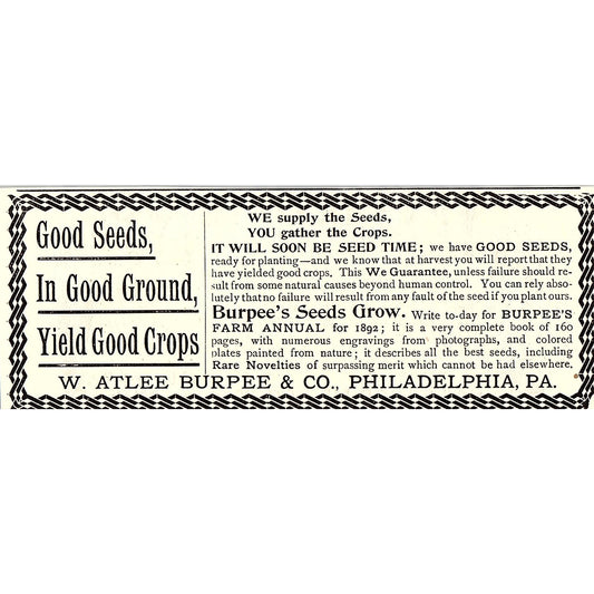 W. Atlee Burpee & Co Seeds Philadelphia PA 1892 Ad AG2-H5