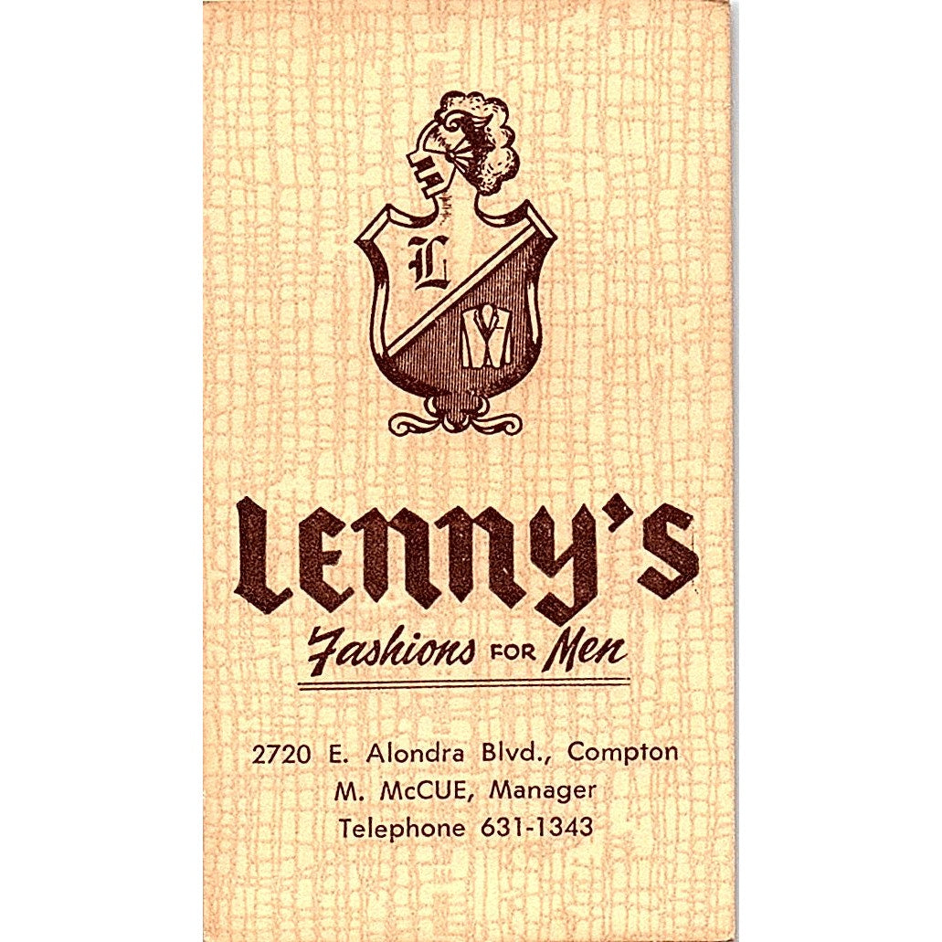 R. Tanney Lenny's Fashions For Men Long Beach Vintage Business Card SD9-B11
