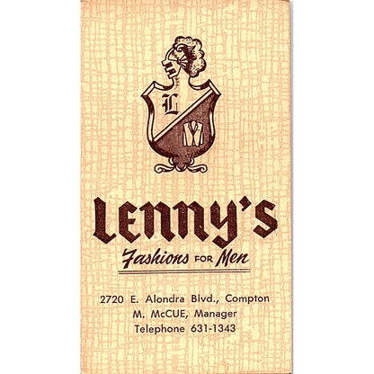 R. Tanney Lenny's Fashions For Men Long Beach Vintage Business Card SD9-B11